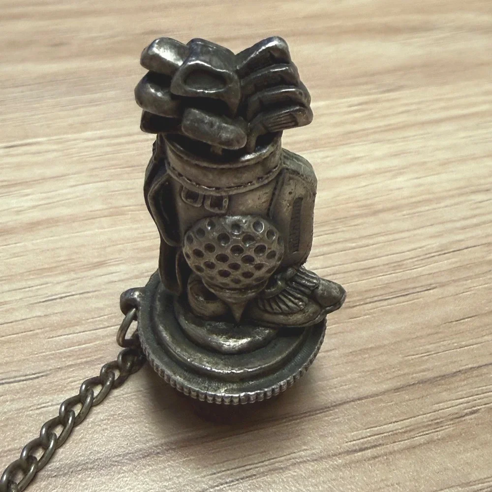Vintage Golf Bag Bottle Stopper Silver Tone Metal Barware with Chain Cork Base